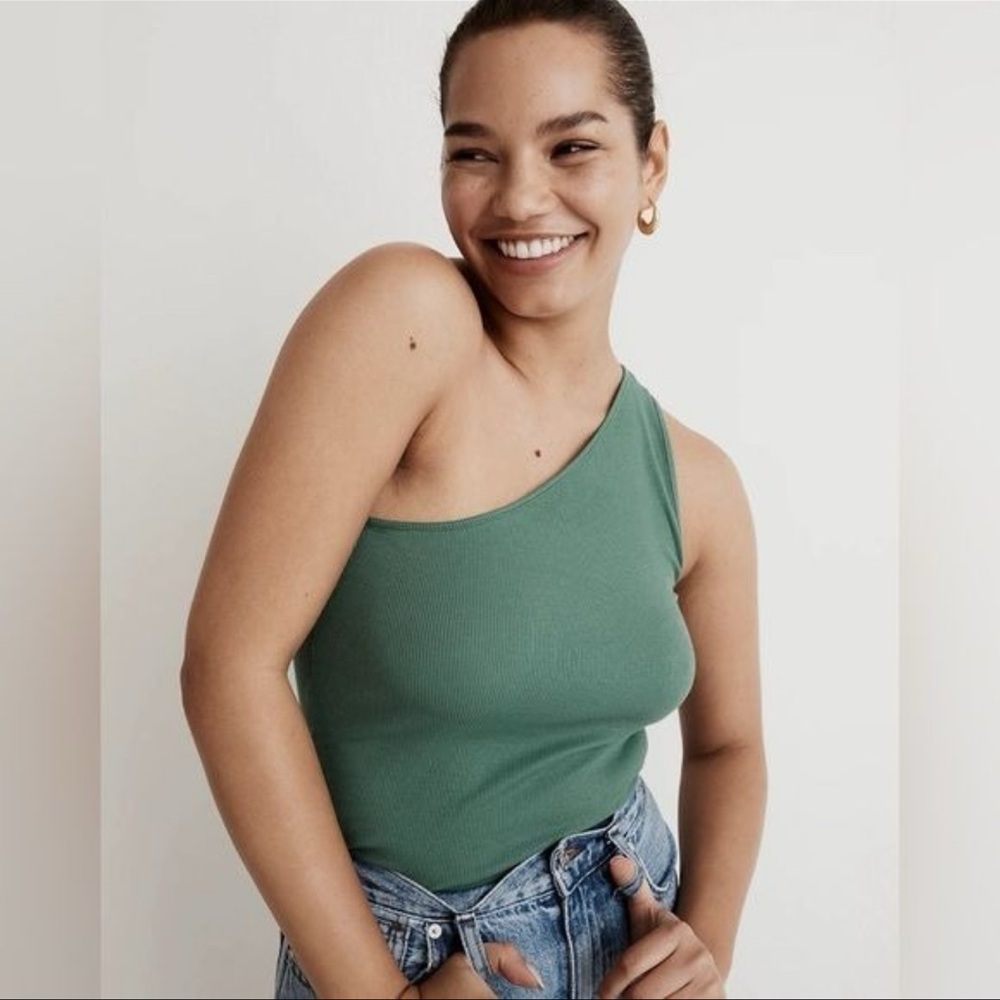 Madewell Brightside Rib One-Shoulder Tank Trellis Green Medium - Picture 4 of 8